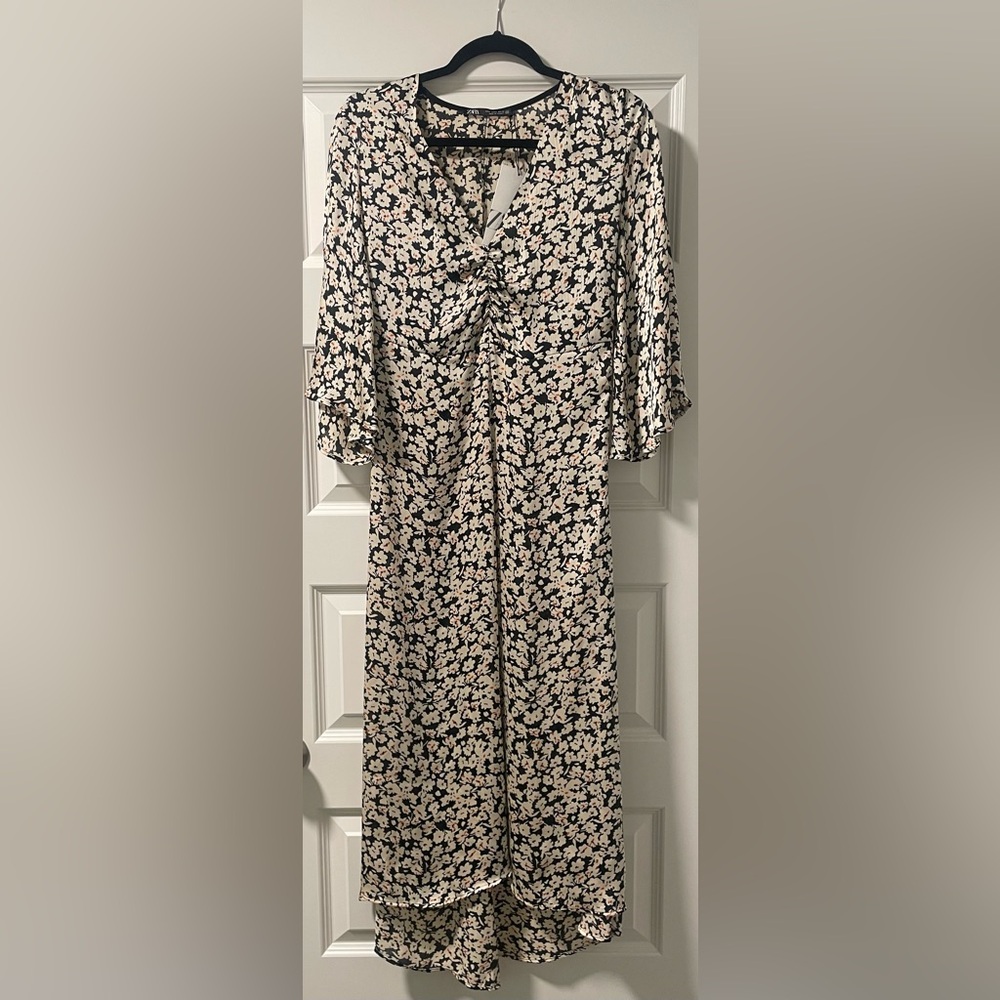 Zara Black Floral Midi Dress with Cream Flowers
